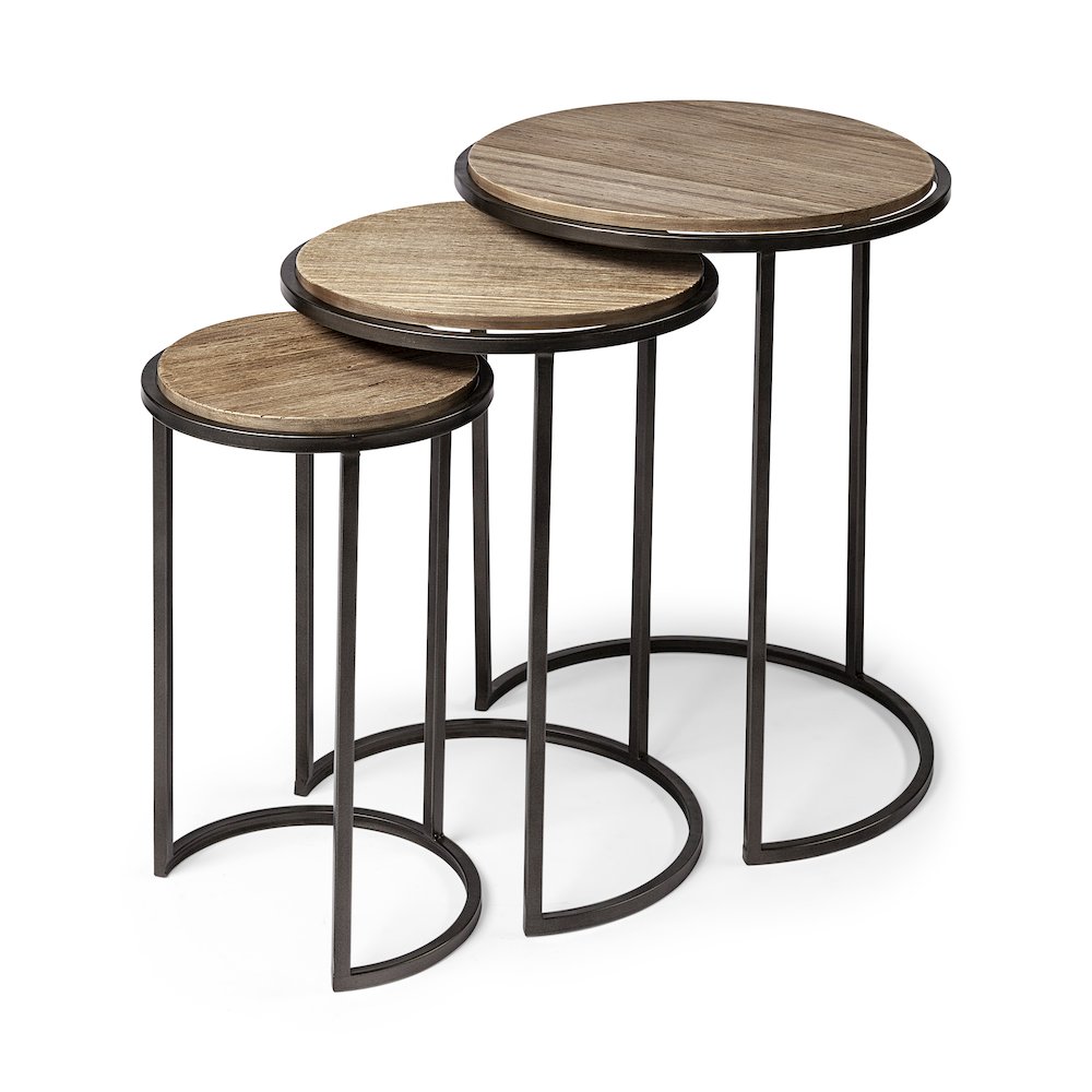 Glover (Set of 3) 20L x 20W Brown Wood Round Top W/Metal Nesting Accent Tables. Picture 1