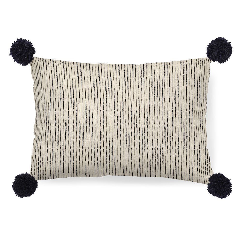 Krystal 13 x 21 Cream/Blue Pom Pom Decorative Pillow Cover. Picture 1