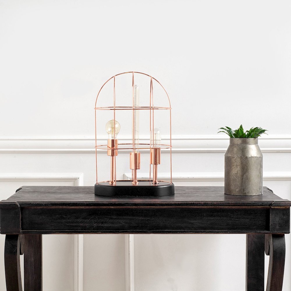 Sutton (19.3"H) Rose-Gold Metal Cylindrical Cage Three Bulb Table Lamp. Picture 2