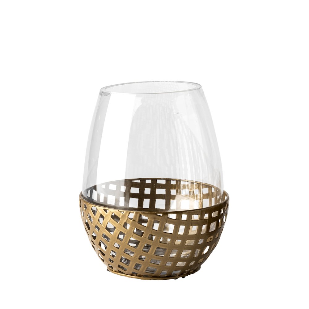 Reena I Small Gold Woven Metal Base Table Candle Holder. Picture 1