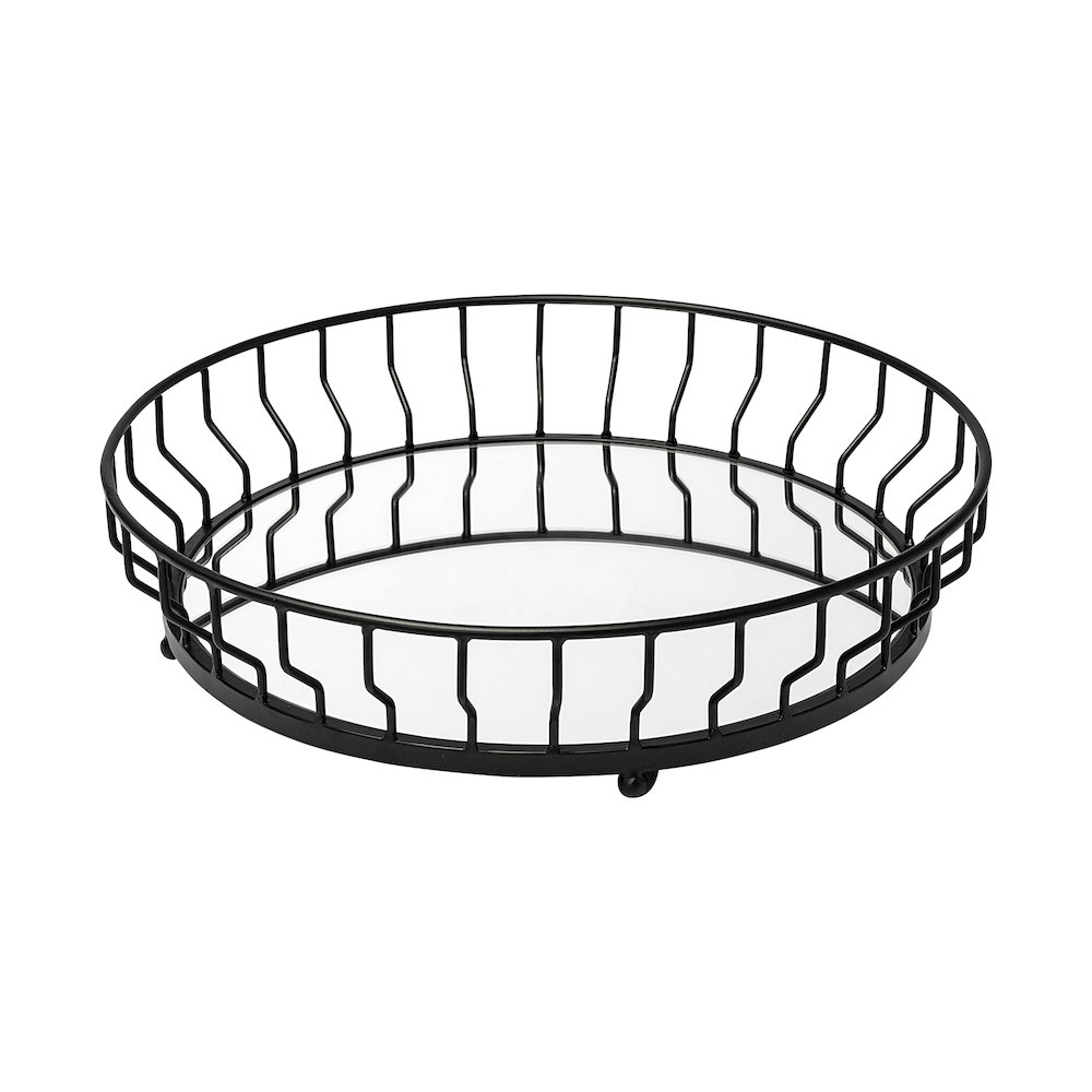 Helena 20L x 20W Black Metal Mirrored Bottom Round Serving Tray. Picture 1