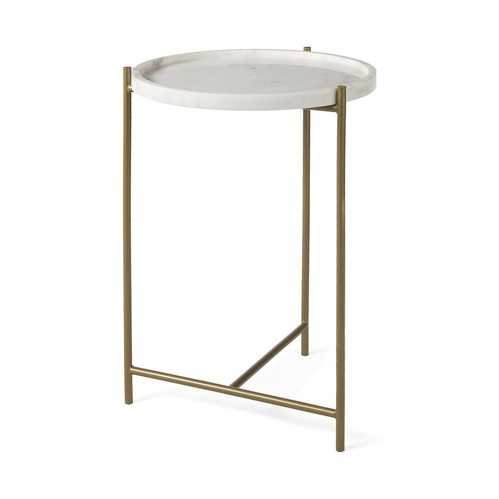 Stella 17L x 17W White Round Marble Top W/Gold Base Accent Table. Picture 1