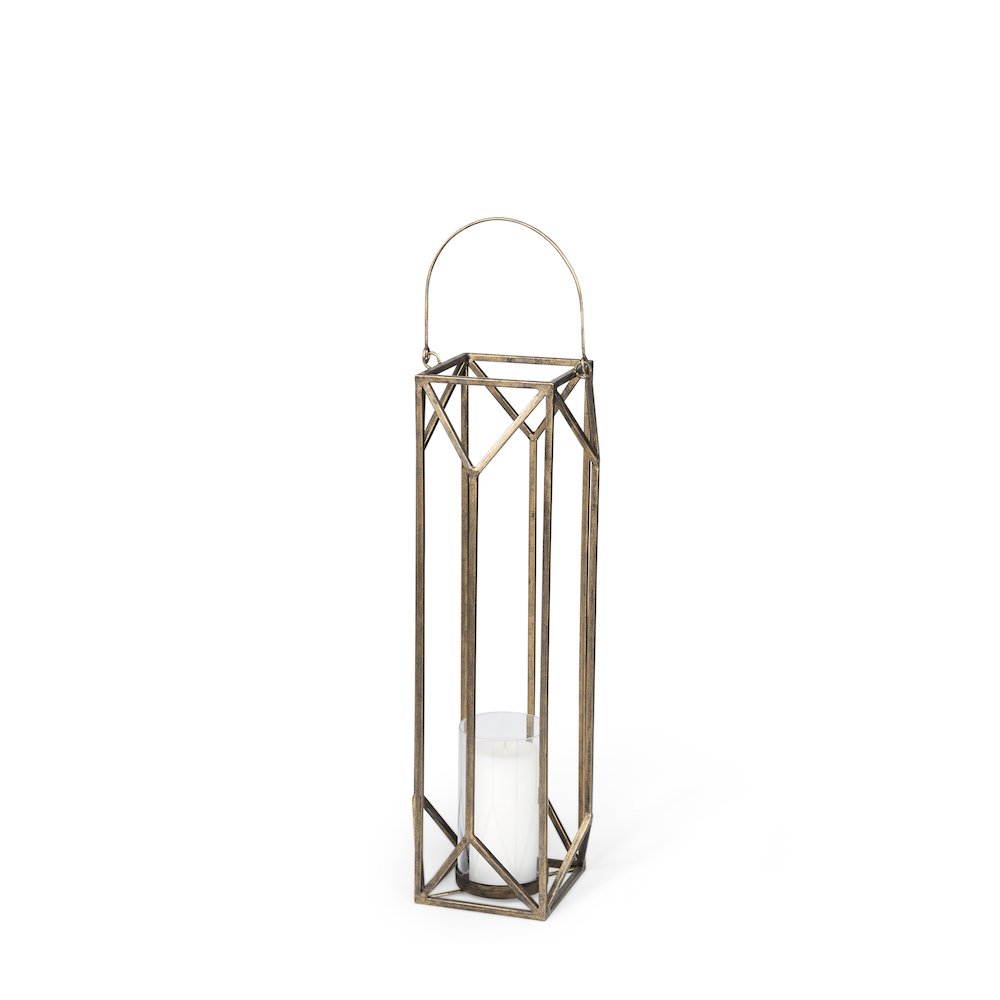 Ivy Small Gold Metal Geometric Cage Candle Holder Lantern. Picture 1