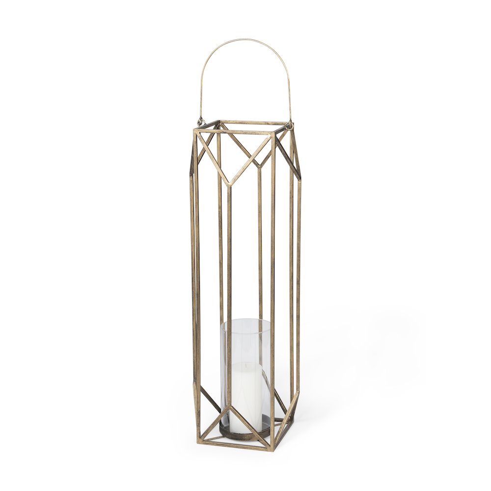 Ivy Large Gold Metal Geometric Cage Candle Holder Lantern. Picture 1