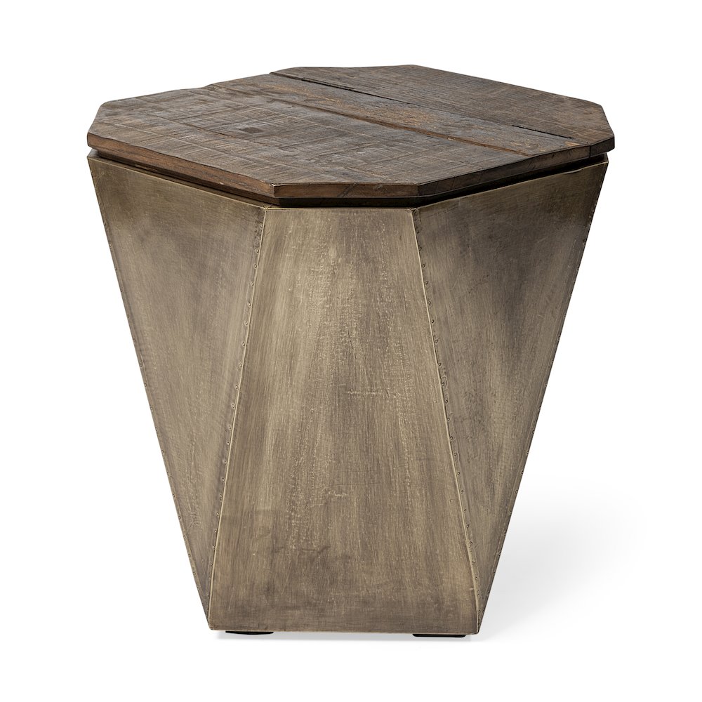 Esagono Octagonal Gold Metal-Clad Reclaimed Wood End/Side Table w/ Storage. Picture 1