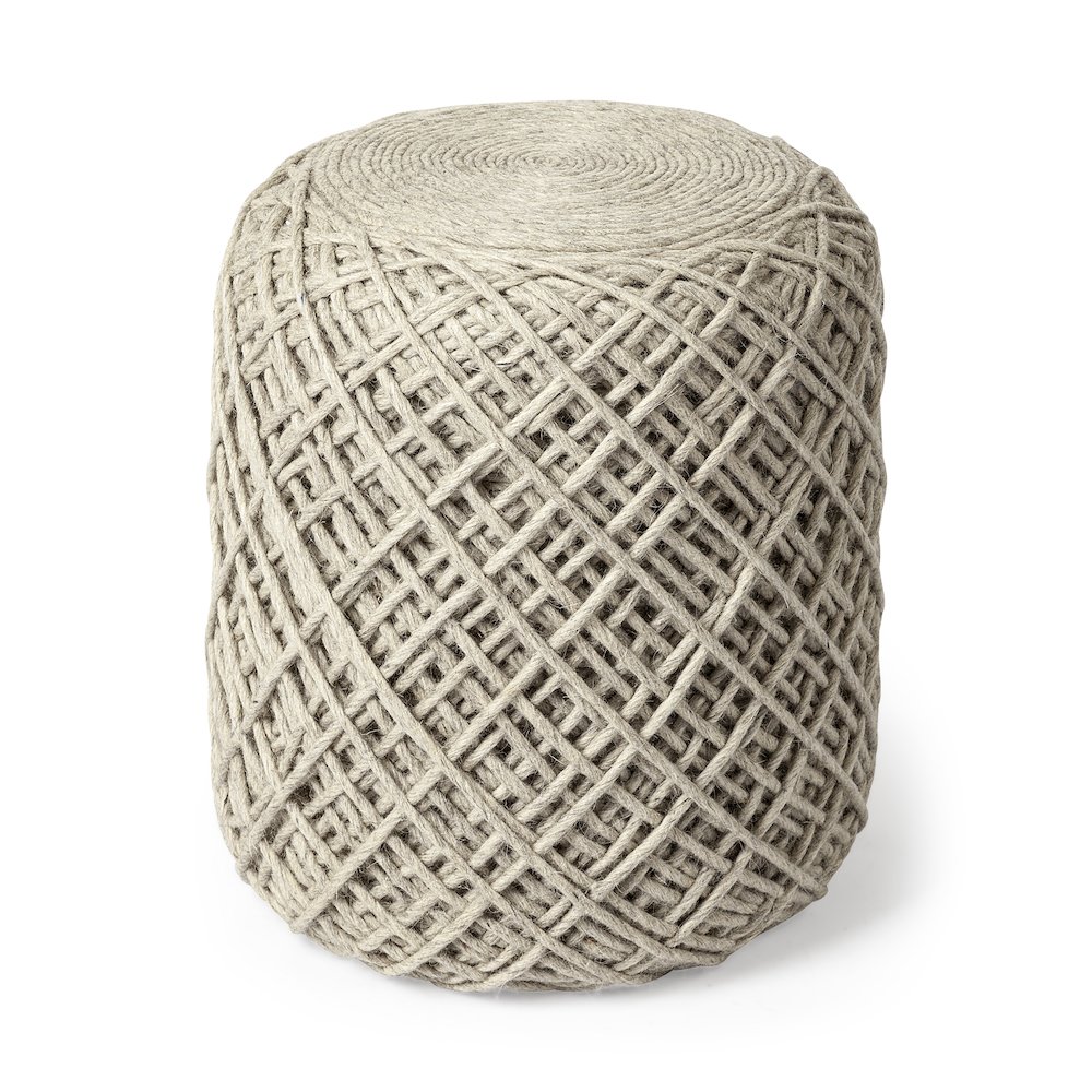 Allium Oatmeal Handwoven Wool Cylindrical Pouf. Picture 1