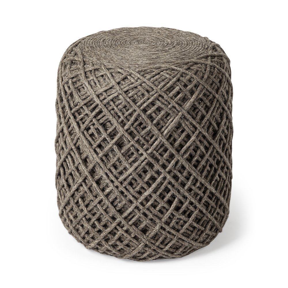 Allium Dark Brown Handwoven Wool Cylindrical Pouf. Picture 1