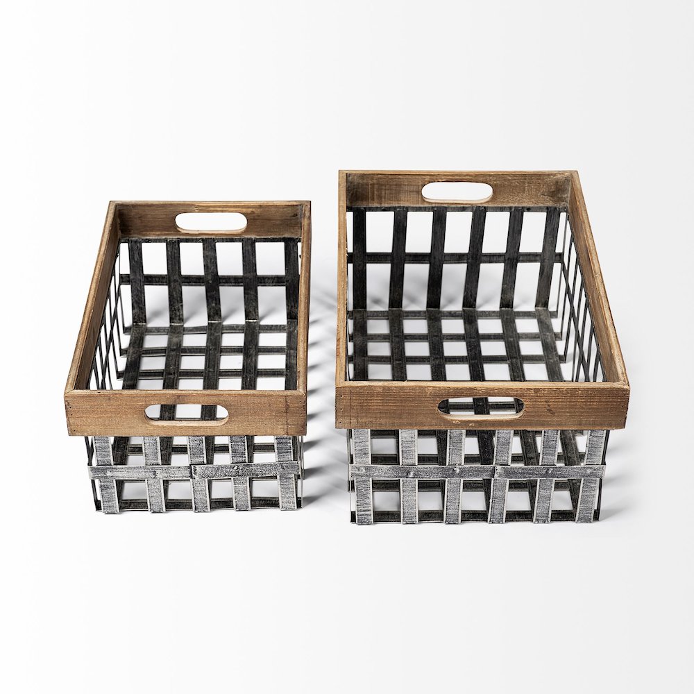 Chartrand Set of 2 Wood And Metal Open Crate Style Baskets. Picture 3