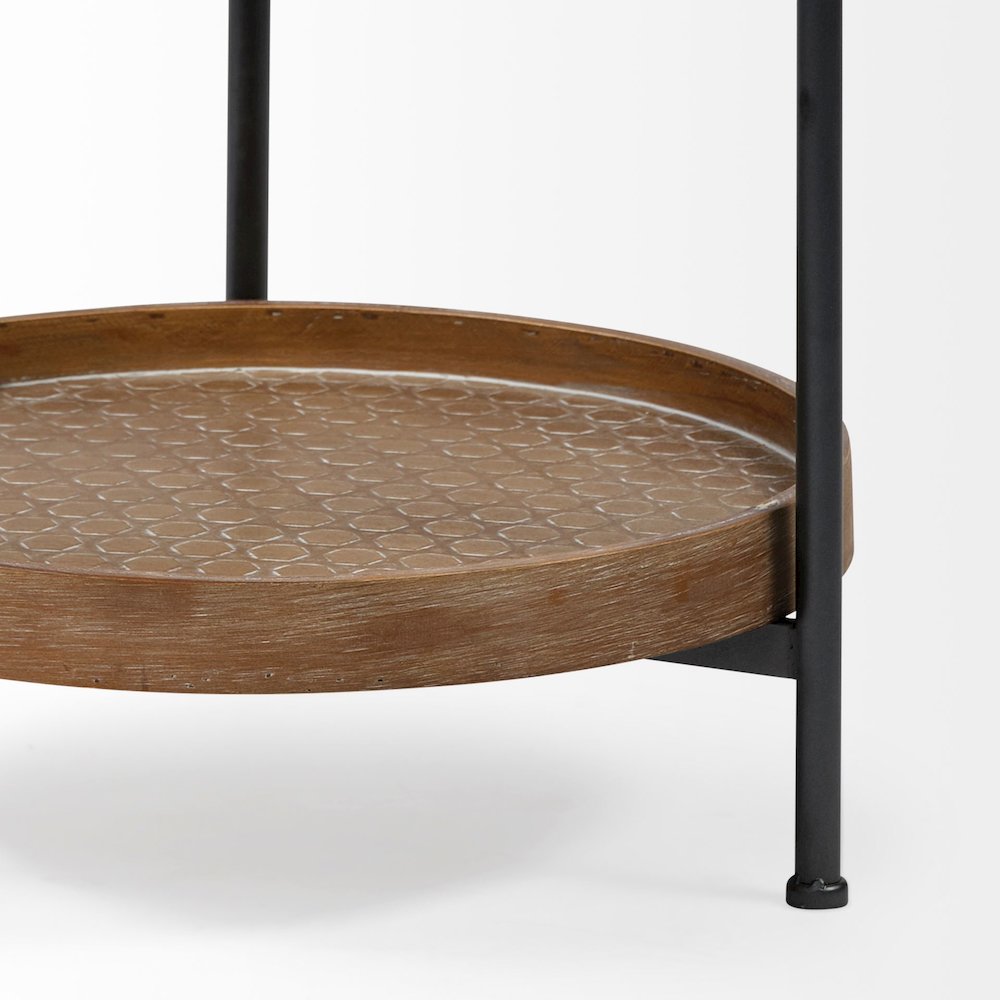 Round Top Natural Brown Wood and Gray Metal Frame Tray-Style End/Side Table. Picture 4