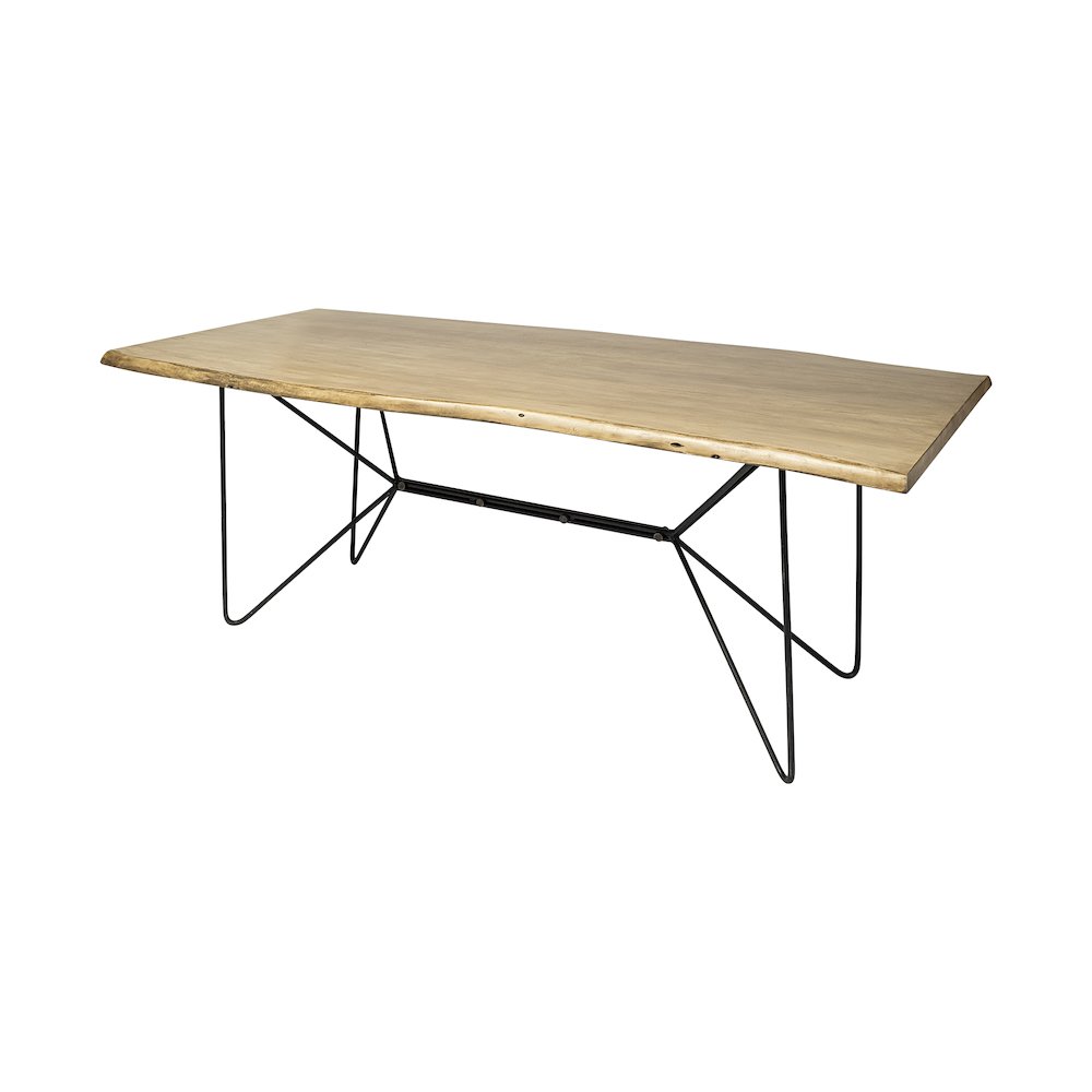 Rectangular Blonde Live Edge Sold Wood Top Black Metal Base Dining Table. Picture 1