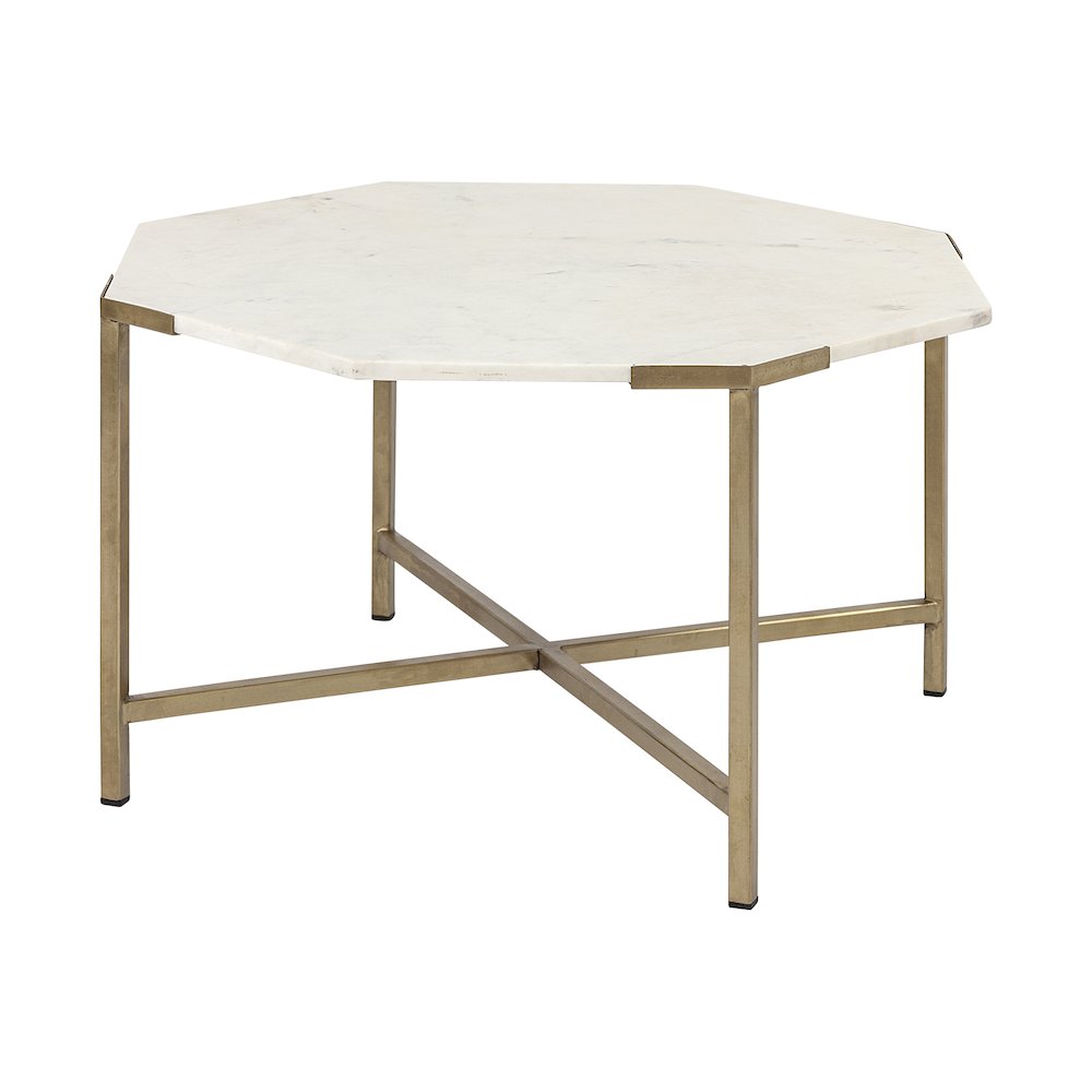 Vincent 33" Octagonal White Marble Tabletop w/ Gold Metal Base Coffee Table. Picture 1
