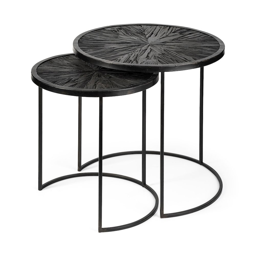 Chakra 19.7" Set of Two Round Dark Wood Top Black Frame Accent Tables. Picture 1