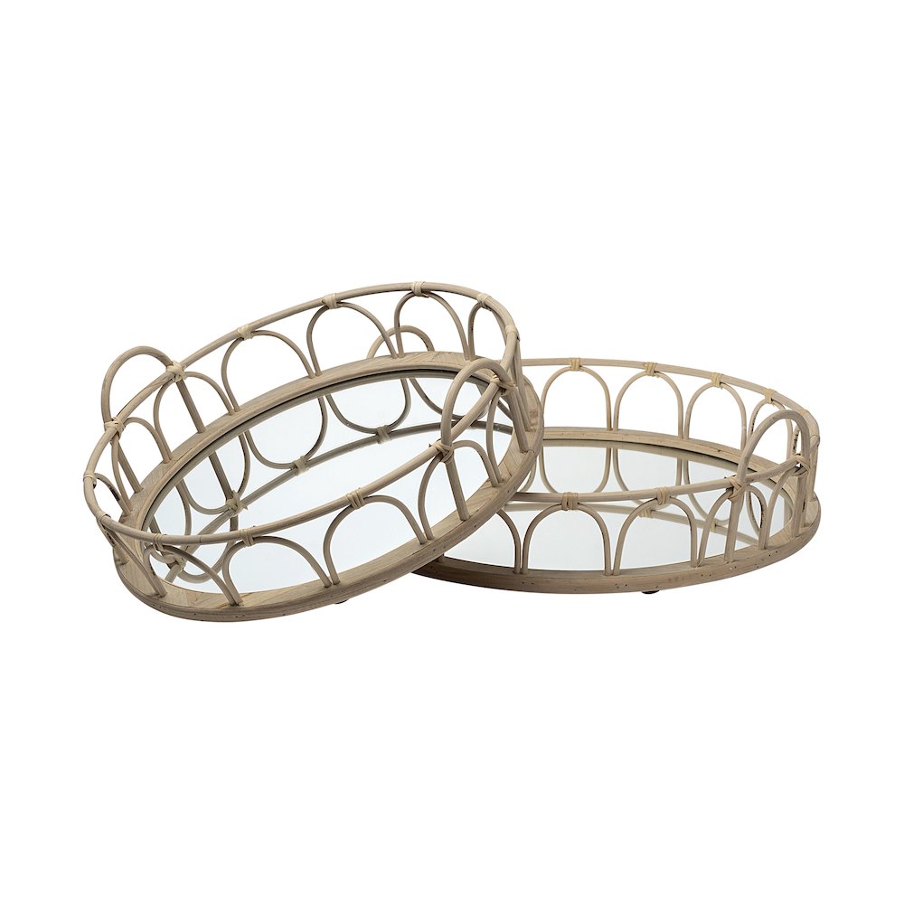 Leona (Set of 2) Natural Wicker Woven Mirrored Base Nesting Trays. Picture 1