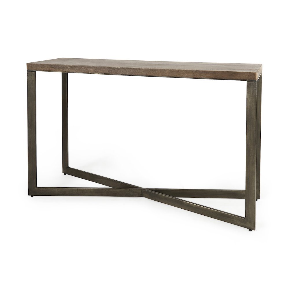 Faye 50L x 15W x 30H Medium Brown Wood W/Antique Nickel Metal Base Console Table. Picture 1