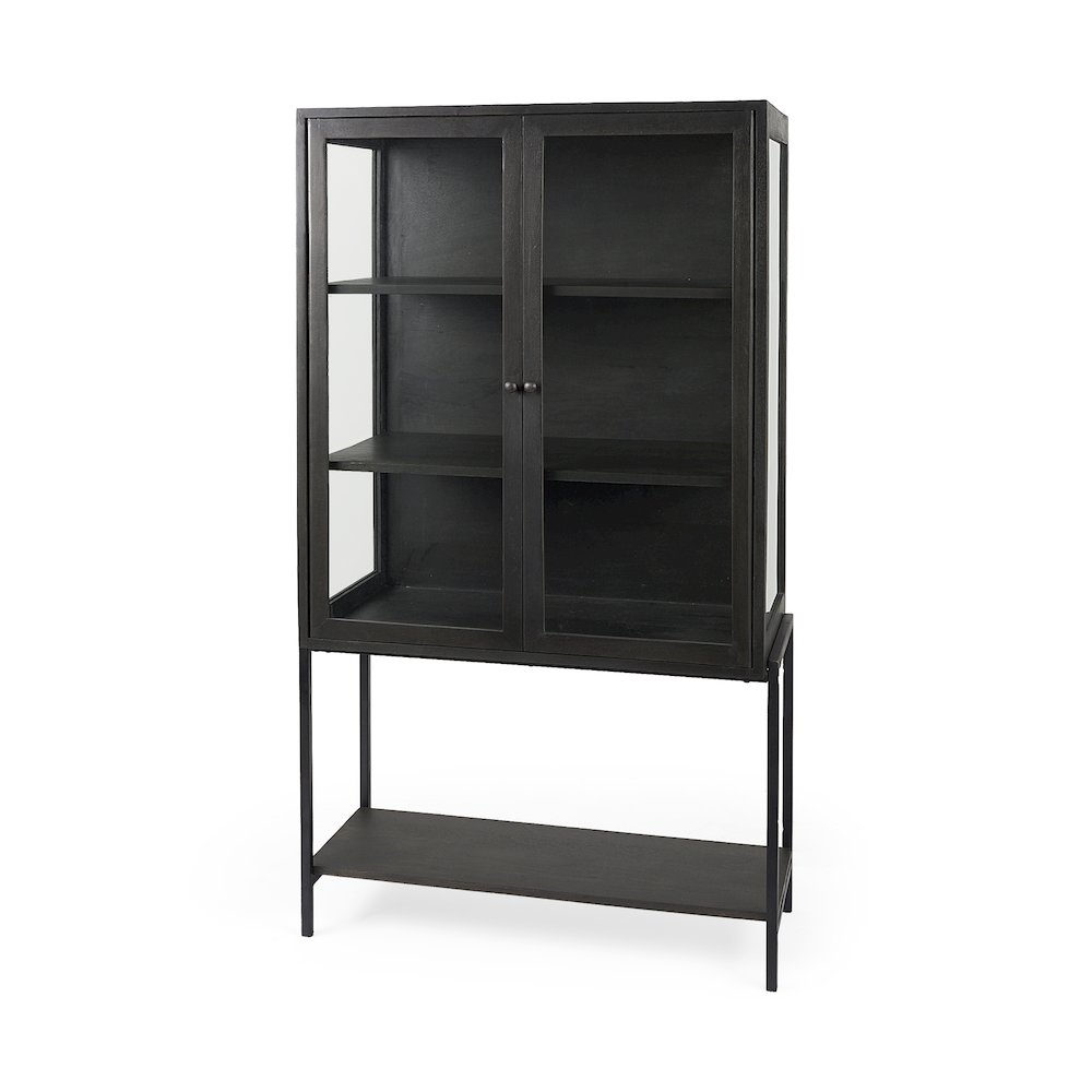 Arelius 36L x 18W x 63H Dark Brown Wood W/ Black Metal Base Display Cabinet. Picture 1