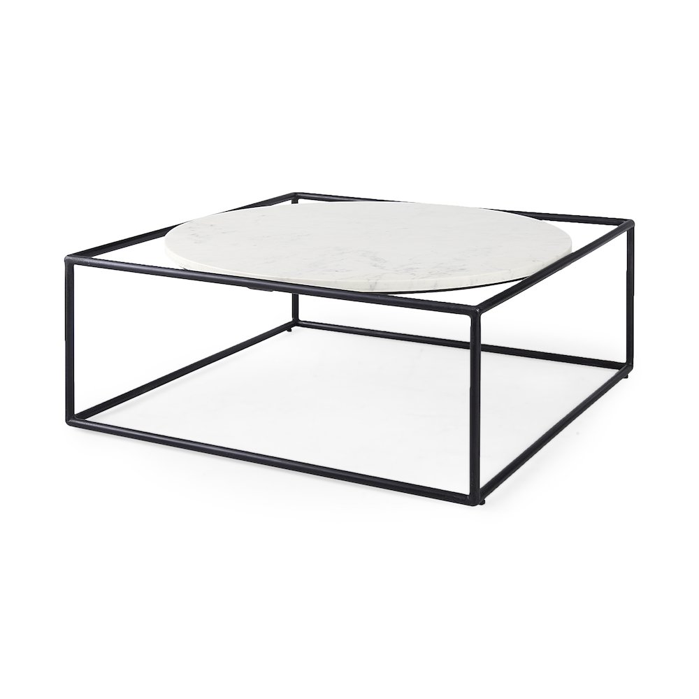 36L x 36W x 14.5H Round White Marble Top W/ Black Metal Frame Coffee Table. Picture 1