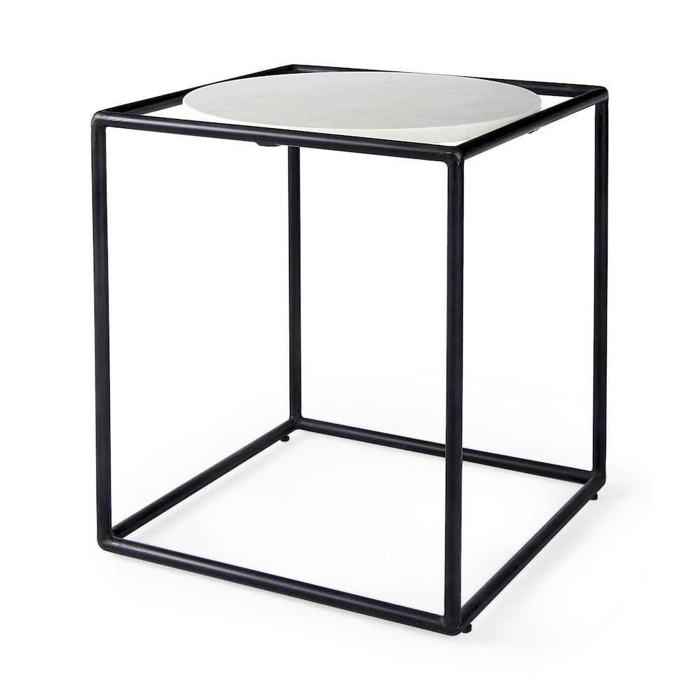 Austen 20L x 20W x 22H Round White Marble Top W/ Black Metal Frame Side Table. Picture 1