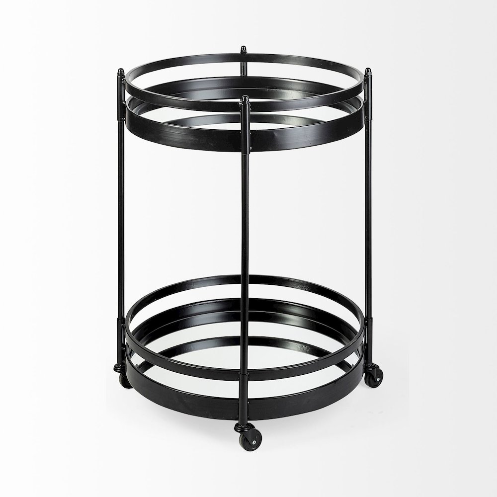 Ada Round Shape Black Metal Frame Two-Tier w/Glass Shelf Bar Cart. Picture 2