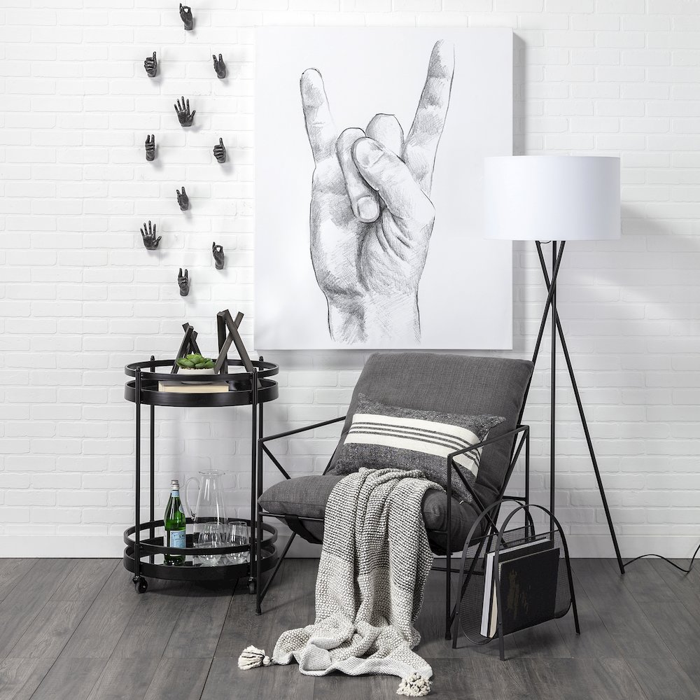 Leonidas 28.5L x 29.5W x 34.0H  Grey Fabric Wrap Black Metal Frame Accent Chair. Picture 12