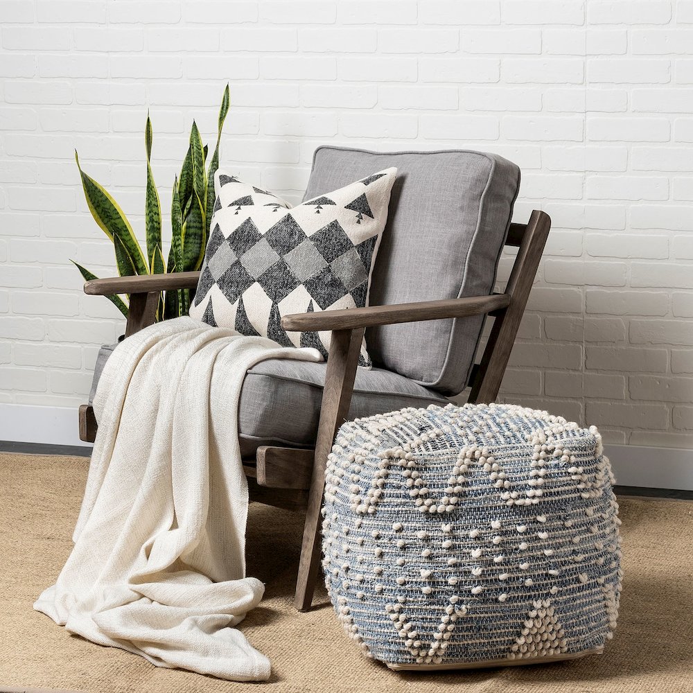 Rofi Blue Denim and Cream Cotton Stitched Square Pouf. Picture 5