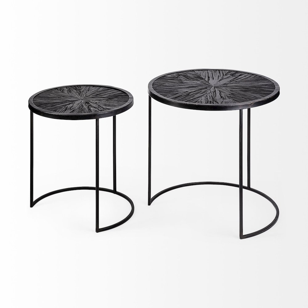 Chakra 19.7" Set of Two Round Dark Wood Top Black Frame Accent Tables. Picture 5