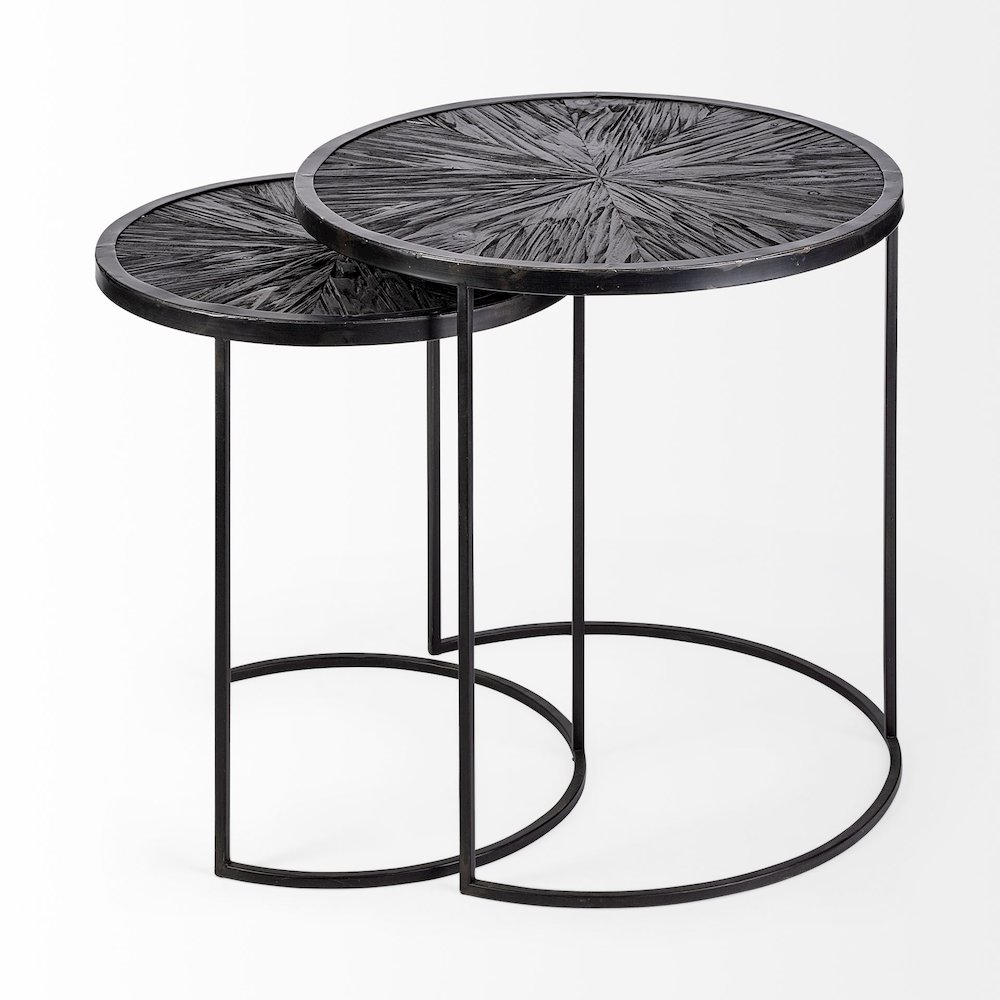 Chakra 19.7" Set of Two Round Dark Wood Top Black Frame Accent Tables. Picture 2