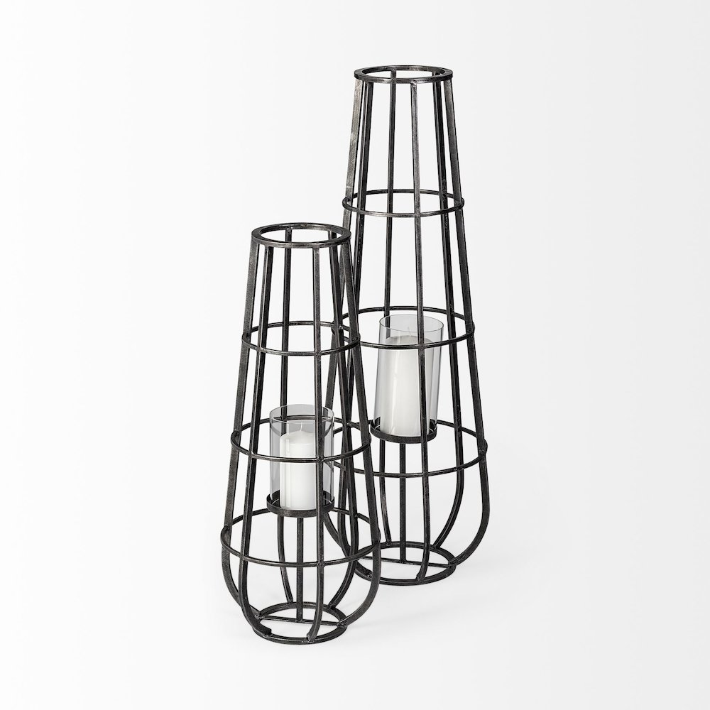 Bella Small Black Metal Cylindrical Cage Candle Holder Lantern. Picture 3