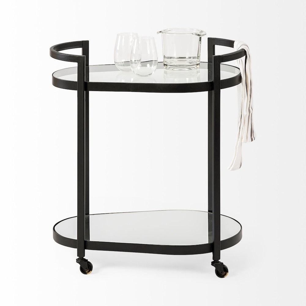 Eleonore Black Metal Frame Two-Tier w/Glass Shelves Bar Cart. Picture 4