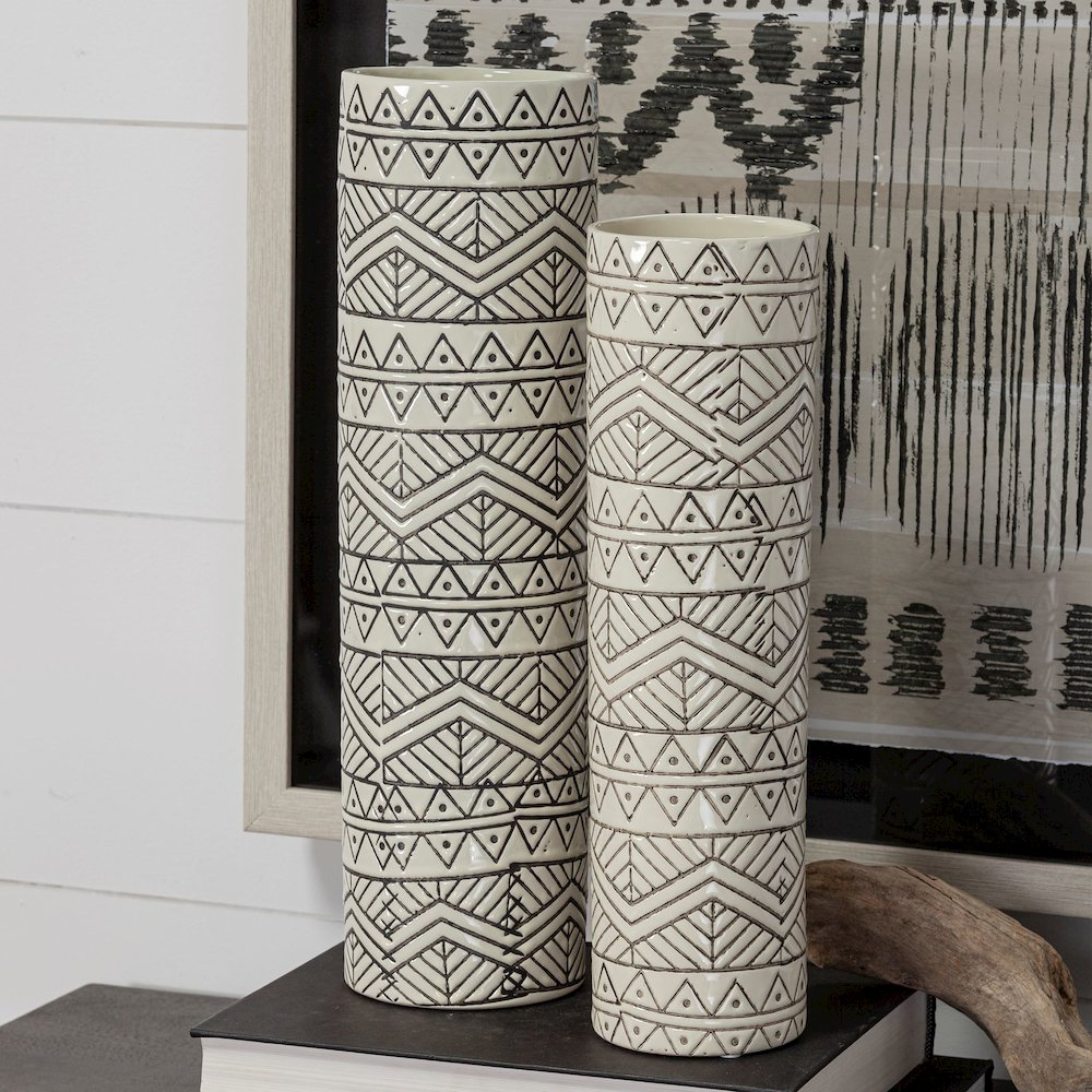 Uhura II Large Cream Black Patterned Cylindrical Ceramic Vase. Picture 5