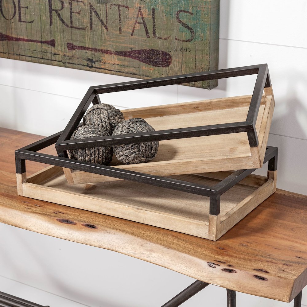 Ross Set of 2 Natural Wood W/ Black Metal Nesting Trays. Picture 9