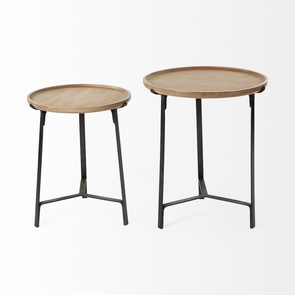 Set of Two Round Brown Solid Wood Iron Base Nesting End/Side Tables. Picture 4