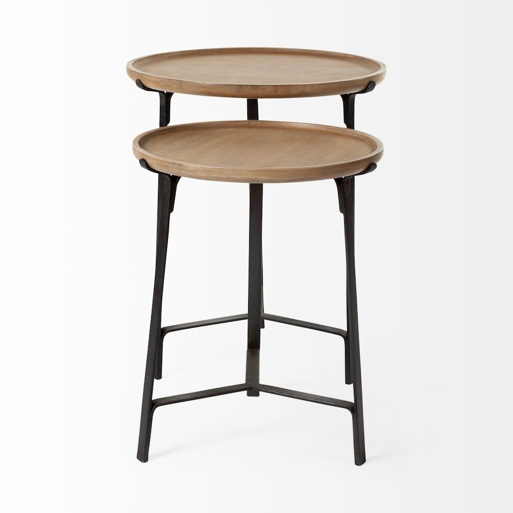 Set of Two Round Brown Solid Wood Iron Base Nesting End/Side Tables. Picture 3