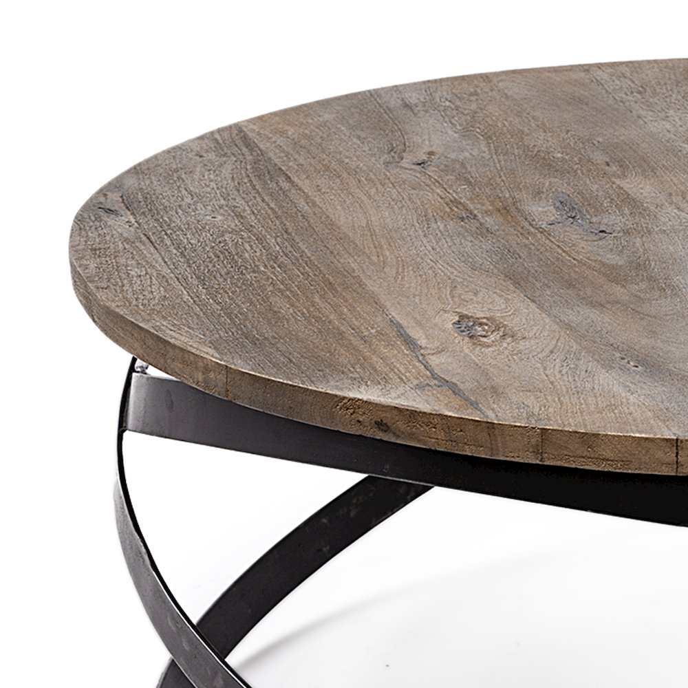 Triumph 40" Round Brown Solid Wood Top Black Metal Base Coffee Table. Picture 4