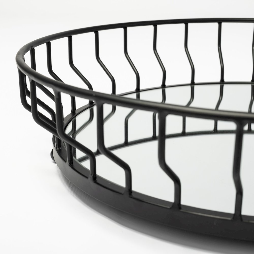 Helena 20L x 20W Black Metal Mirrored Bottom Round Serving Tray. Picture 2