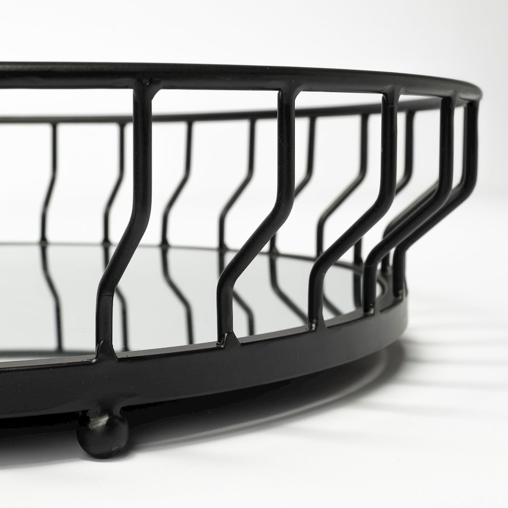 Helena 20L x 20W Black Metal Mirrored Bottom Round Serving Tray. Picture 3