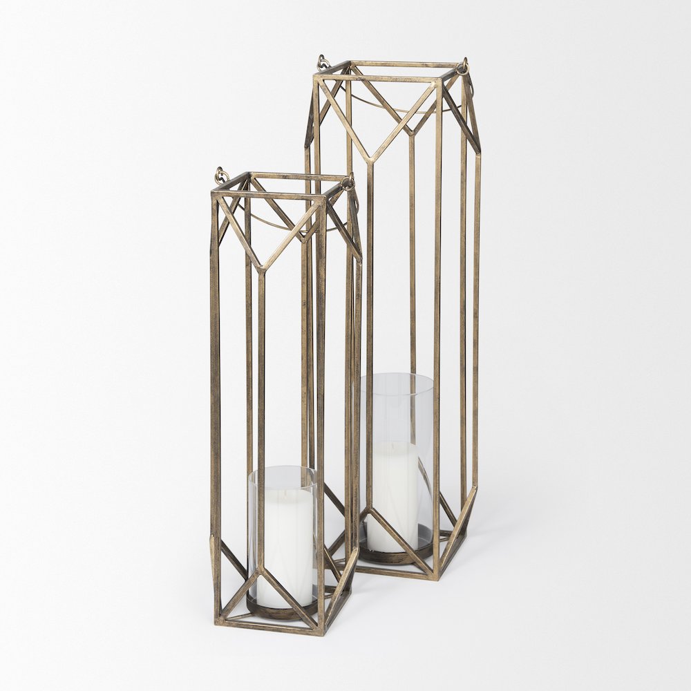 Ivy Large Gold Metal Geometric Cage Candle Holder Lantern. Picture 5