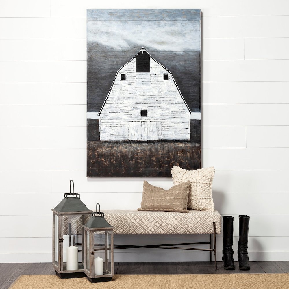 Farmhouse White Barn Original Hand Painted on Wood Oil Painting. Picture 5