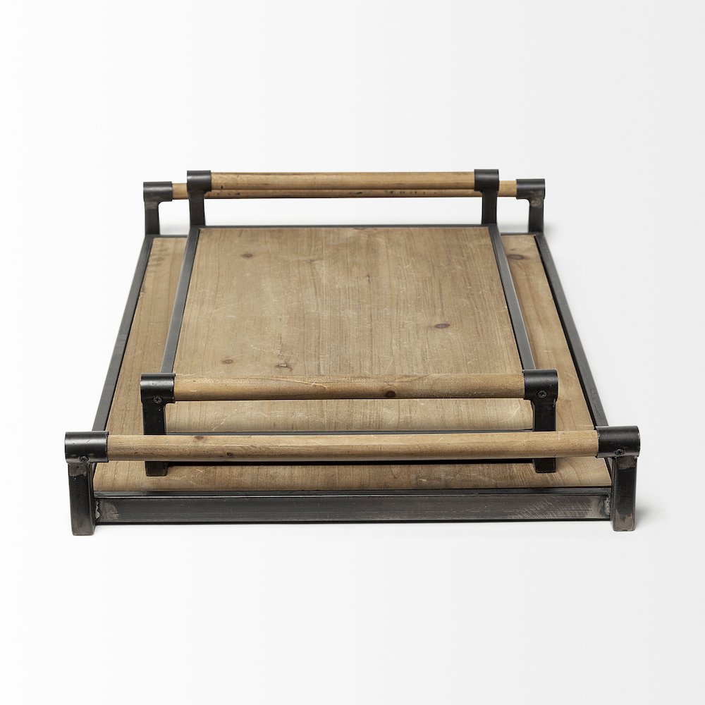 Benson Set of 2 Brown Wood Black Metal Trays. Picture 2