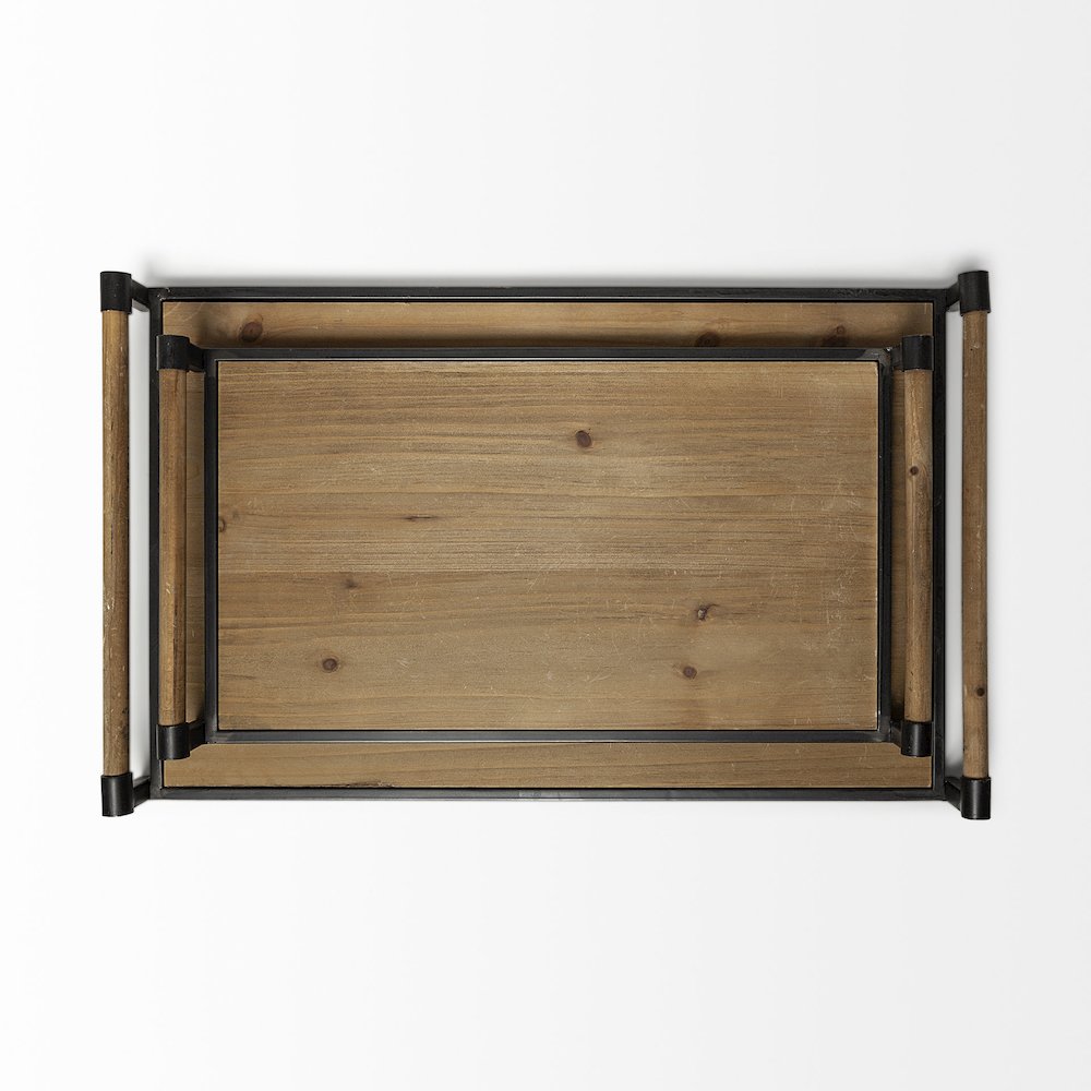 Benson Set of 2 Brown Wood Black Metal Trays. Picture 3