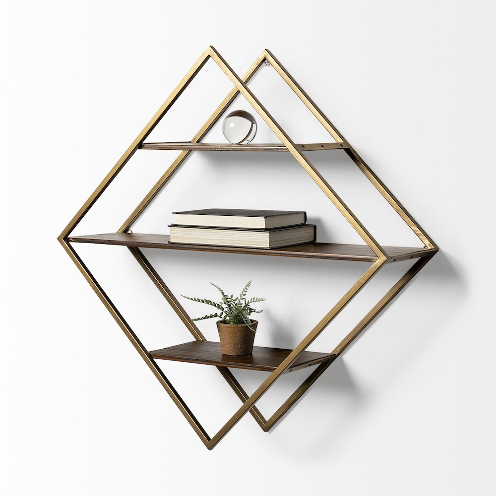 Neil I Diamond Shape Wall Mounted Brass Frame w Three Wood Wall Shelves. Picture 2