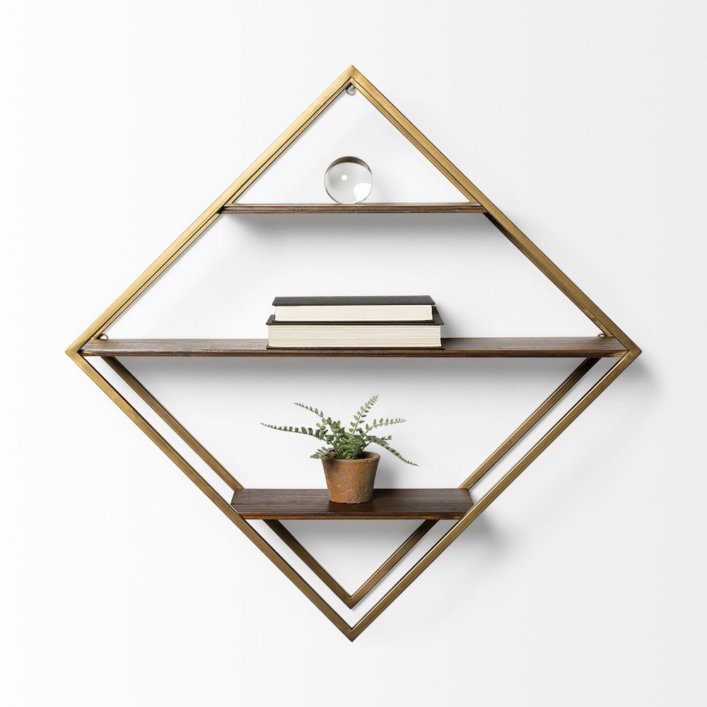 Neil I Diamond Shape Wall Mounted Brass Frame w Three Wood Wall Shelves. Picture 3