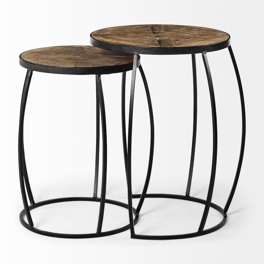 (Set of 2) Brown Round Wood Top W/ Black Metal Frame Nesting Accent Tables. Picture 2