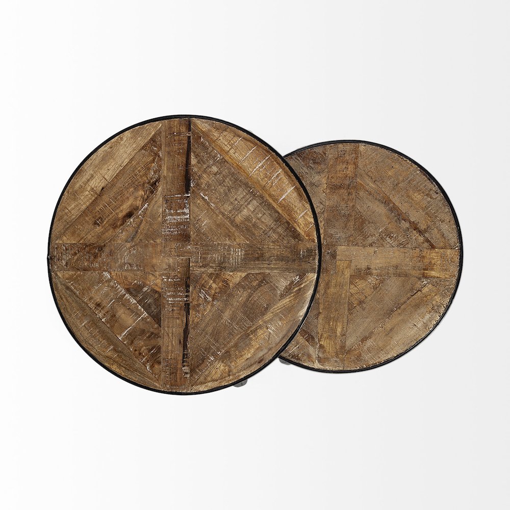 (Set of 2) Brown Round Wood Top W/ Black Metal Frame Nesting Accent Tables. Picture 6