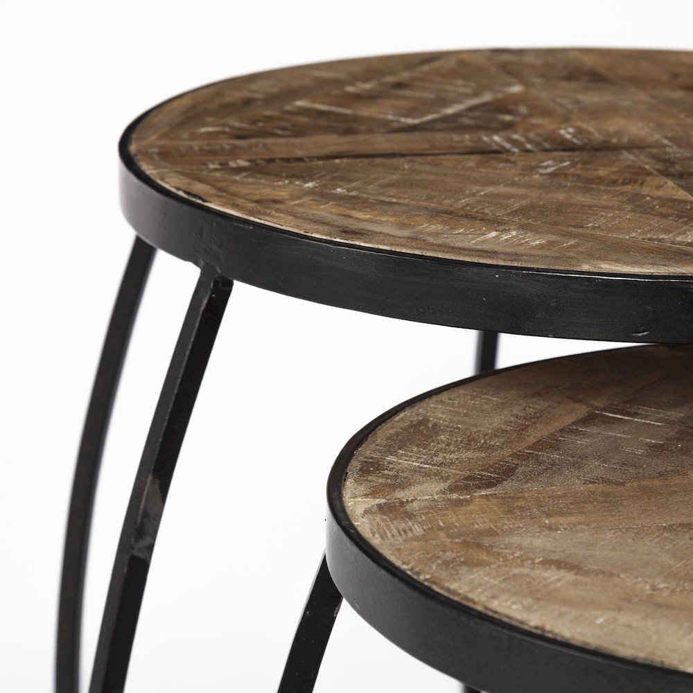 (Set of 2) Brown Round Wood Top W/ Black Metal Frame Nesting Accent Tables. Picture 7