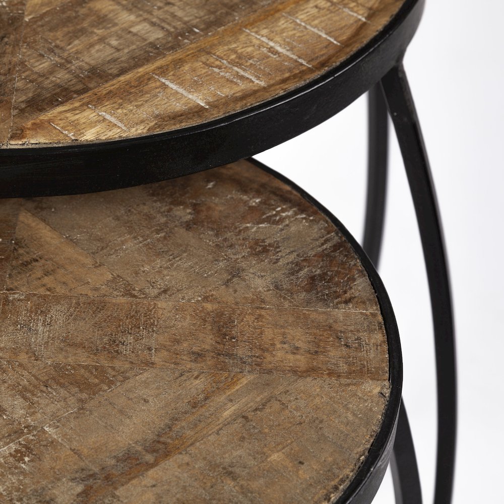 (Set of 2) Brown Round Wood Top W/ Black Metal Frame Nesting Accent Tables. Picture 8