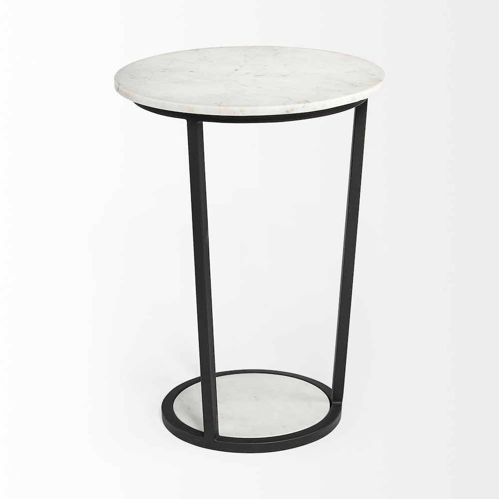 White Round Marble Top W/Black Metal Frame Accent Table. Picture 3