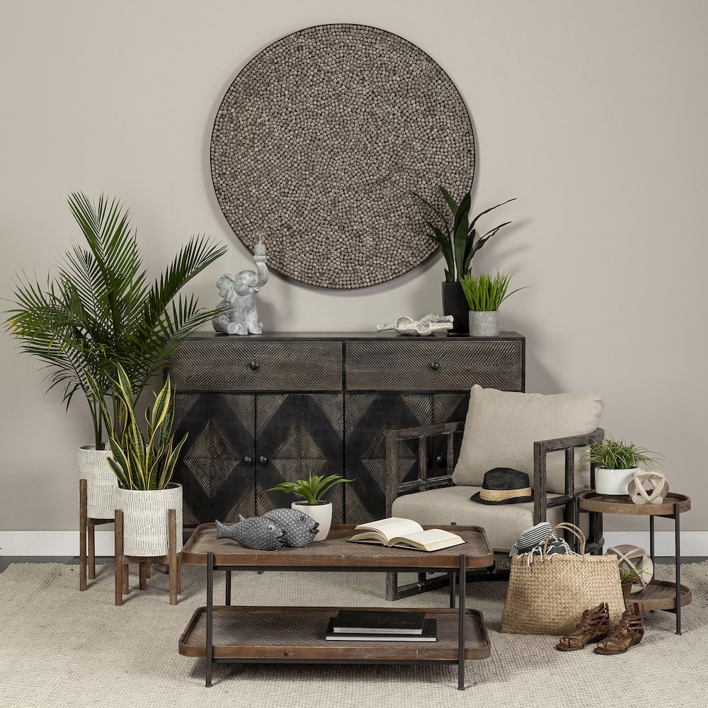 Round Top Natural Brown Wood and Gray Metal Frame Tray-Style End/Side Table. Picture 2