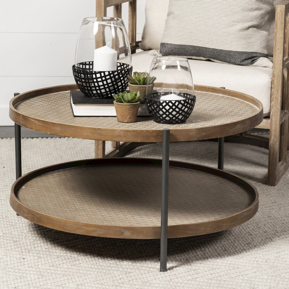 Kade 33" Round Brown Table Gray Metal Frame Two-Tier Coffee Table. Picture 6