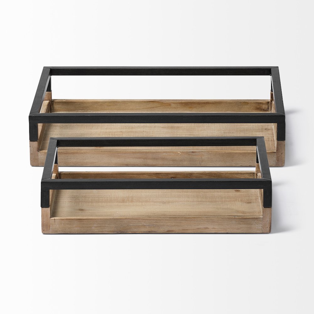 Ross Set of 2 Natural Wood W/ Black Metal Nesting Trays. Picture 3