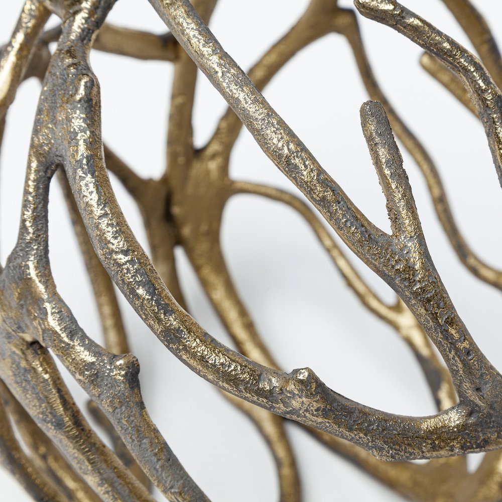 Sphaira Noir I Small 5L x 5W Gold Cast Aluminum Decorative Tree Branch Orb. Picture 4